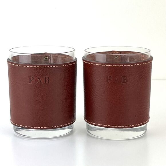 CLAYTON & CRUME Leather Rocks Glass Set Of 2 Western Barware 3 Letter Monogram - Picture 1 of 10